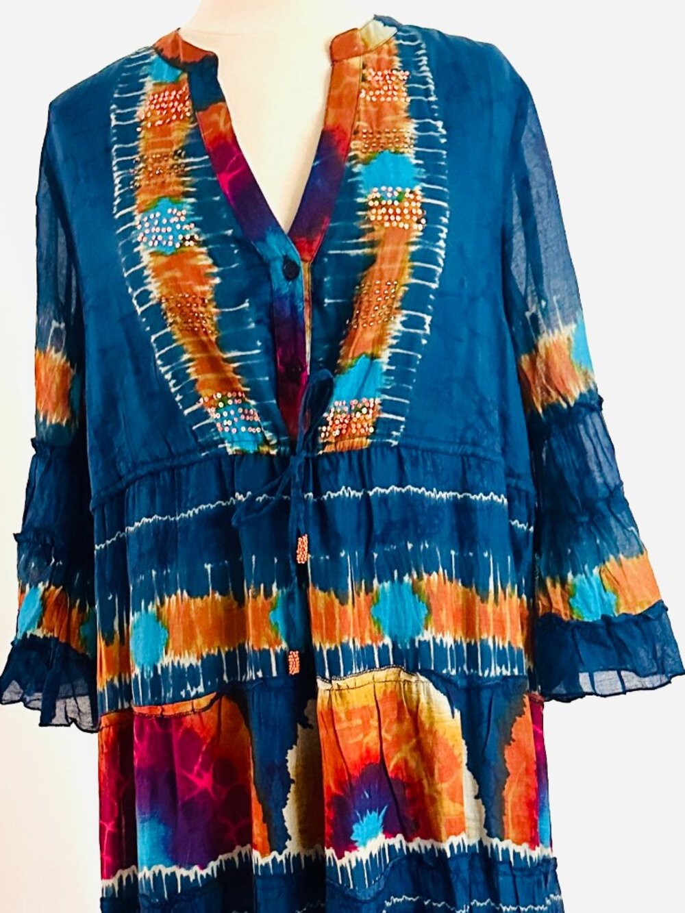 Peace + Love Dress Tie Dye Made in Indian Bead Ruffles Boho Cotton Size L
